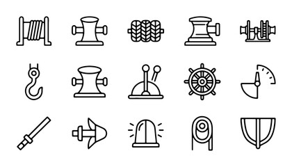 Nautical Equipment Icons: Marine Hardware, Ship Steering, and Mooring Gear Vector Set © Tania