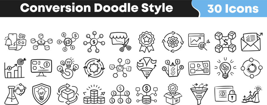 Hand drawn collection of business conversion and marketing doodle icons