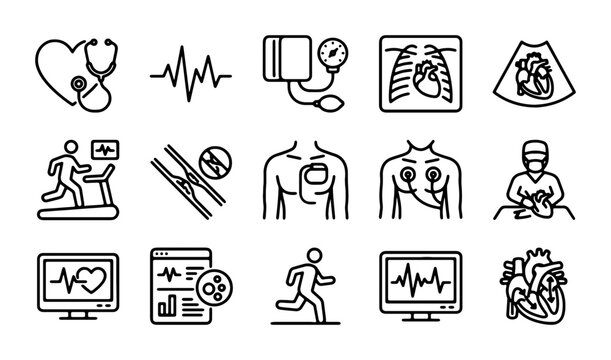 Cardiology Icons Set: Heart, ECG, Blood Pressure, X-ray, Ultrasound, Pacemaker, Surgeon