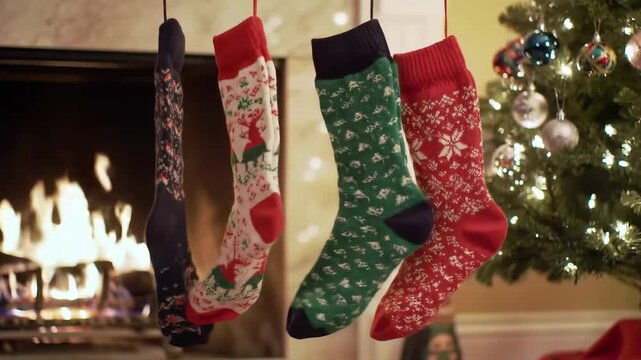 Festive Christmas Stockings Hanging by Fireplace, Decorated Tree.