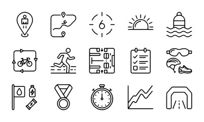Triathlon Icons Set, Sport Competition Vector Graphics, Race Day Elements Collection © Tania
