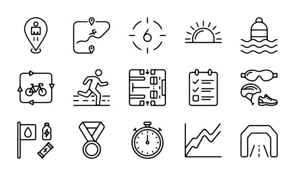 Triathlon Icons Set, Sport Competition Vector Graphics, Race Day Elements Collection