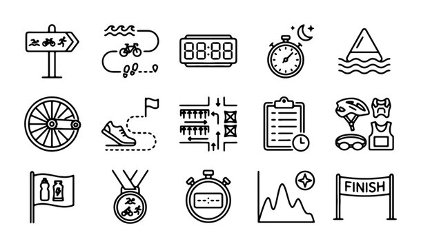 Triathlon Icons Set, Vector Graphics for Sports, Fitness, and Competition Planning