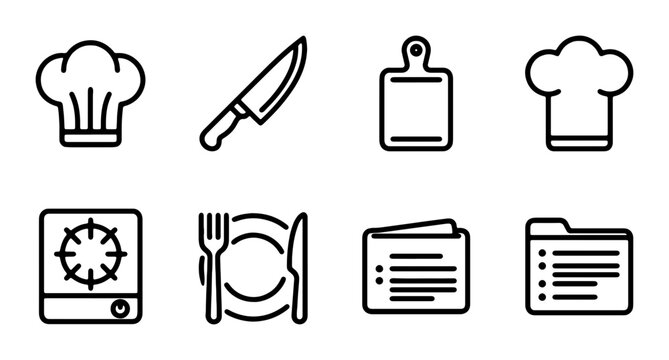 Culinary Icons Set: Chef Hat, Knife, Cutting Board, Stove, Plate, Recipe Book, Folder