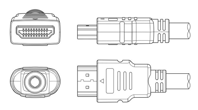 HDMI connector electronic component technical drawing blueprint with front side back and top views CAD line art vector illustration