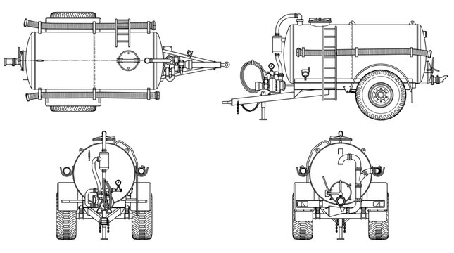 Slurry tanker transport technical drawing blueprint with front side back and top views CAD line art vector illustration