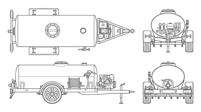 Water bowser transport technical drawing blueprint with front side back and top views CAD line art vector illustration