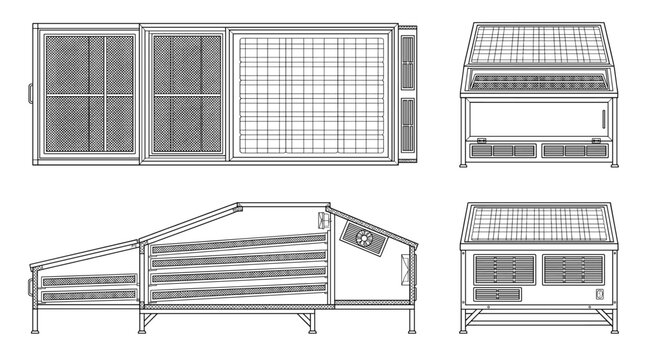 Solar dryer agricultural system technical drawing blueprint with front side back and top views CAD line art vector illustration