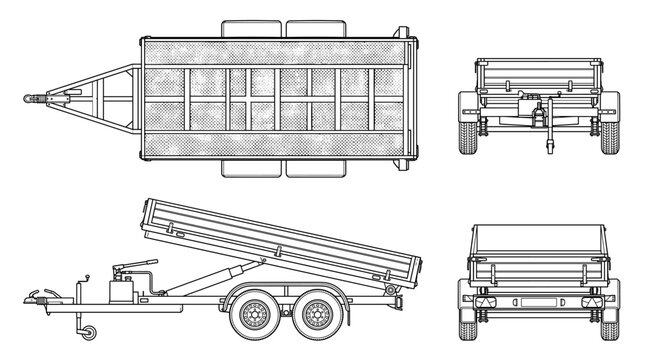 Hydraulic trailer transport vehicle technical drawing blueprint with front side back and top views CAD line art vector illustration