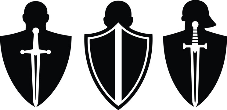 Black silhouettes of three people with cross symbols