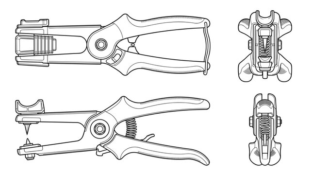 Livestock ear tagger veterinary tool technical drawing blueprint with front side back and top views CAD line art vector illustration