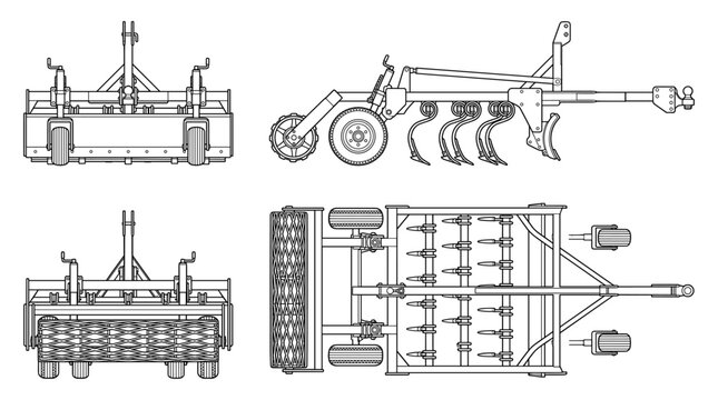 Arena groomer agricultural machine technical drawing blueprint with front side back and top views CAD line art vector illustration