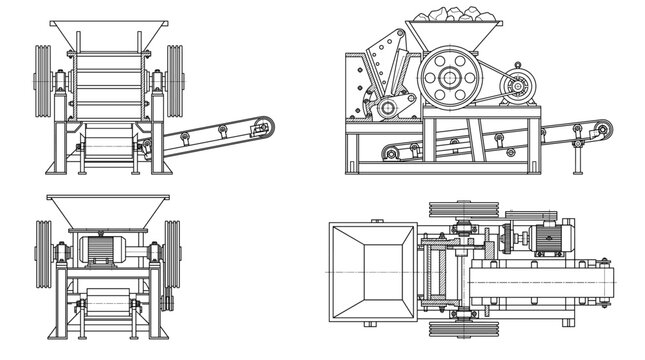 Stone crusher machine technical drawing blueprint with front side back and top views CAD line art vector illustration