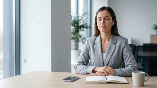 Office employee taking a guided audio pause with earbuds