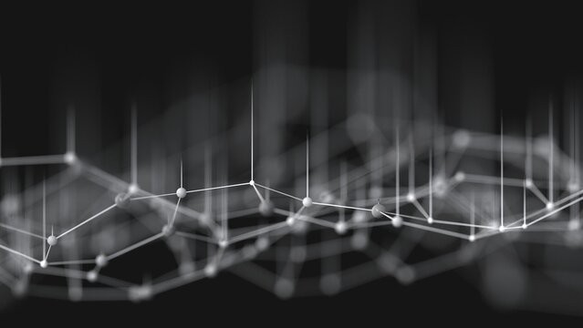 Interconnected nodes and spiked mesh lines form a three-dimensional network structure on a black background. White and gray tones, shallow depth of field, and organic spread suit biotech, nanotech