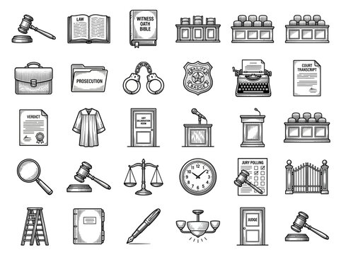 Courtroom Justice and Legal System Icon Set, Vector Illustration of Judge Gavel, Law Books, Handcuffs, Scales of Justice, Witness Podium and Attorney Prosecution Symbols for Law Firm Websites