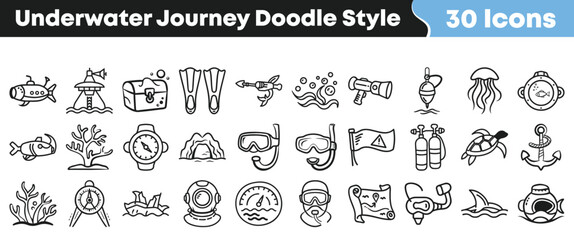 Set of hand drawn doodle icons representing an underwater journey © Vectoravec