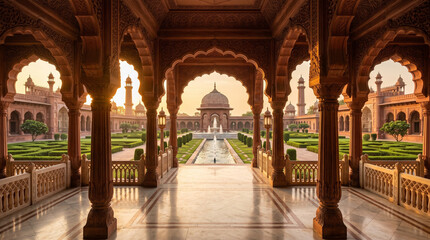 Obraz premium grand mughal inspired palace arches overlooking symmetrical royal garden for luxury heritage travel and architectural design concept