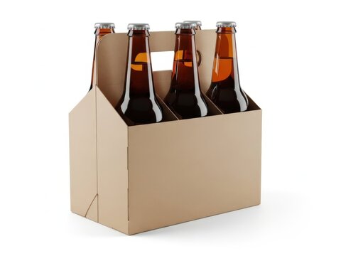 Six brown glass beer bottles inside a cardboard carrier box on a plain white background