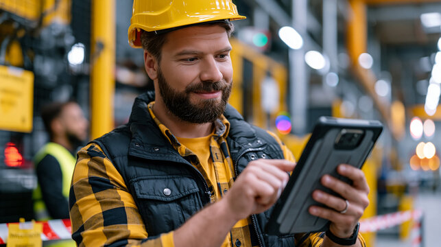 Factory safety compliance officer photographing near-miss incident location beside floor-mounted machine guard using industrial tablet documentation system, temporary barrier and investigation tag i