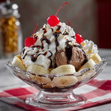 A beautifully presented banana split sits in a clear glass dish, featuring scoops of chocolate ice cream nestled between sliced bananas. Swirls of whipped cream rise like soft peaks.