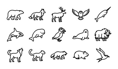 Arctic Animals Vector Icons Set, Polar Bear, Fox, Reindeer, Narwhal, Wildlife Collection © Najma