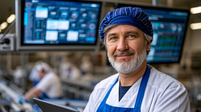 Food factory processing line supervisor reviewing real-time OEE production dashboard on large industrial monitor mounted above packaging station, current shift output, downtime events, and quality r