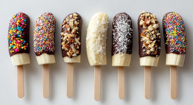 Six chocolate covered bananas on sticks, each with different toppings, are arranged in a horizontal line against a white background. from left to right.