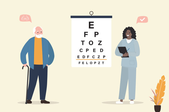 Senior checks vision. Snellen chart, test, medical checkup. Concept of ophthalmology, choosing eyeglasses, checking health, healthcare, eye test chart measure visual acuity.