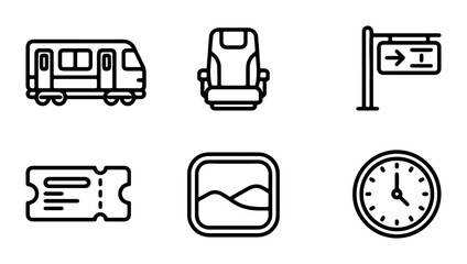 Train Travel Icons: Locomotive, Seat, Ticket, Station Sign, Clock, Landscape Image © Najma