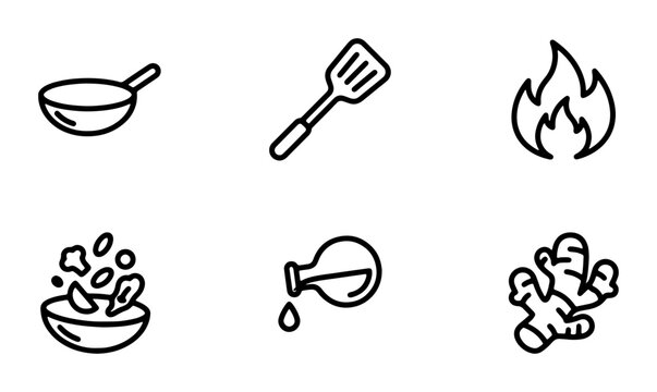 Cooking Icons Set: Frying Pan, Spatula, Flame, Salad, Oil, Ginger Root Vector Graphics