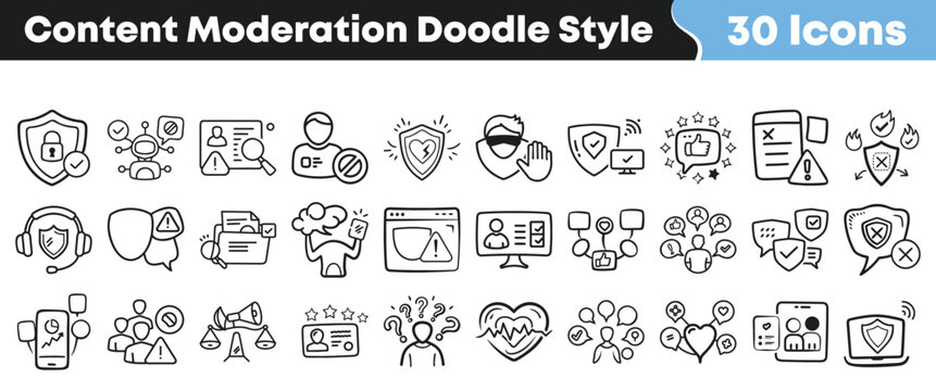 Hand drawn doodle set of thirty content moderation system icons