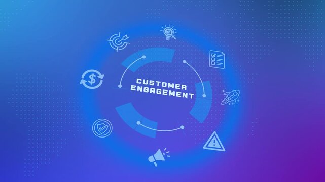 Futuristic customer engagement concept vector illustration with neon circular interface and business icons on blue gradient background.