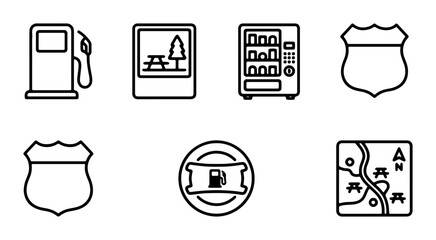 Roadside Icons: Gas Station, Picnic Area, Vending Machine, Route Shields, Map, Fuel Sign © Najma