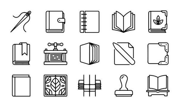 Bookbinding Icons Set, Vintage Library Symbols, Crafting Tools, Journal Elements, Paper Craft Graphics