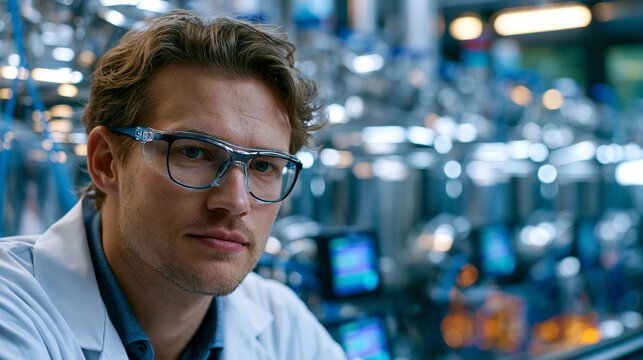 Plant-based protein fermentation scientist monitoring bioreactor cultures through observation window in biotechnology production suite, sterile gowning and face shield in place, row of stainless fer