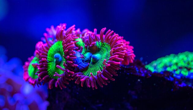 A macro shot of coral polyps feeding, neon colors under blue actinic lighting.
