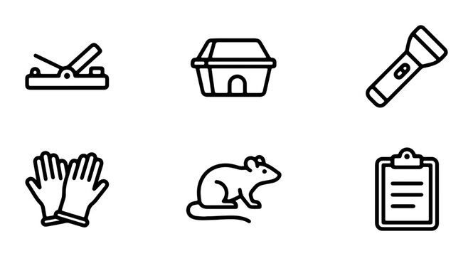 Pest Control Icons: Mouse Trap, Bait Station, Flashlight, Gloves, Rat, Clipboard Vector Set