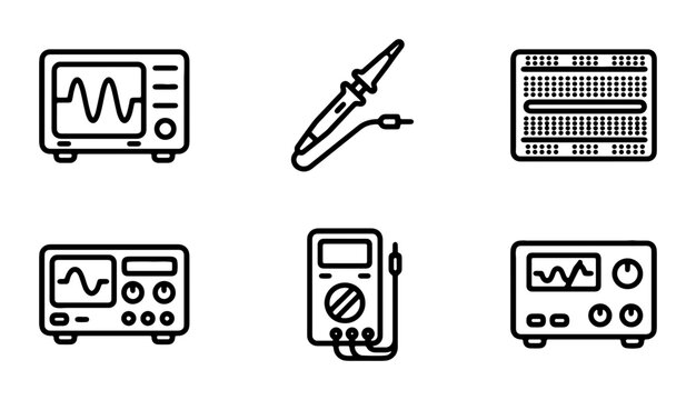 Electronic Circuit Tools Icons: Oscilloscope, Soldering Iron, Breadboard, Multimeter, Power Supply