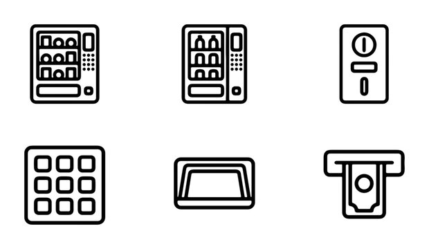Vending Machine Icons, Cashless Payment, and ATM Symbols Vector Set