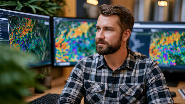 Precision agriculture yield mapping data analyst studying combine harvester telemetry on dual-screen workstation inside farm management office, bushel-per-acre heat maps overlaid on satellite field 