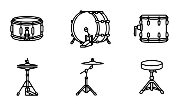 Drum Set Icons, Percussion Instruments Vector Graphics, Musical Equipment Collection, Rock Band Elements