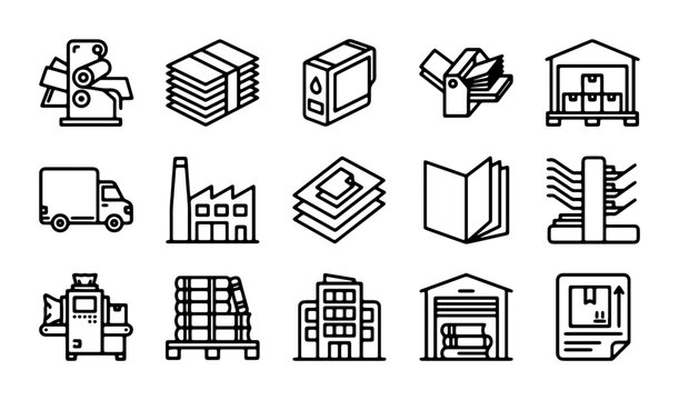 Printing Industry Icons: Offset Press, Ink Cartridge, Warehouse, Delivery Truck, Factory, Stacked Paper