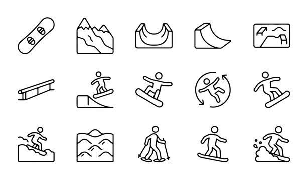 Snowboarding Icons Set, Winter Sports Vector Graphics, Extreme Activity Elements, Snowboarder Actions