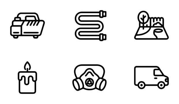 Air Compressor, Hose, Garden, Candle, Gas Mask, Van Icons: Industrial, Safety, Home Maintenance Vector Set