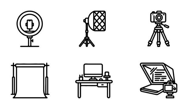 Photography Studio Equipment Icons, Video Production Gear Set, Creator Tools Collection