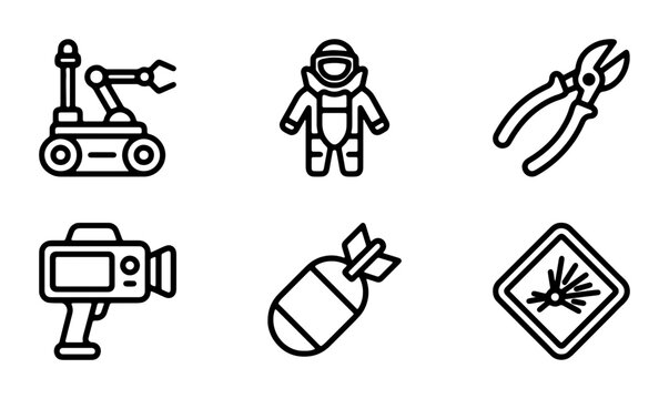 Explosive Ordnance Disposal Icons, Bomb Squad Equipment Vector Set, Safety Symbols