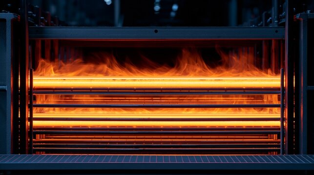 Controlled tempering process visible in medium shot where parts on racks are gently heated in the furnace line to improve ductility and reduce brittleness after quenching.