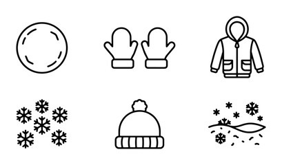 Winter Icons Set: Snowflakes, Mittens, Beanie, Parka, Snowfall, Circle, Vector Graphics © Mahfuzur