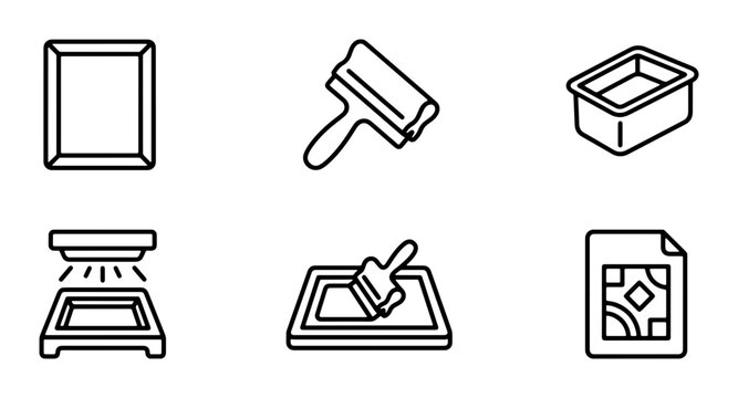 Screen Printing Icons Set, Graphic Design Tools, Stencil Art Equipment, Printing Process Elements